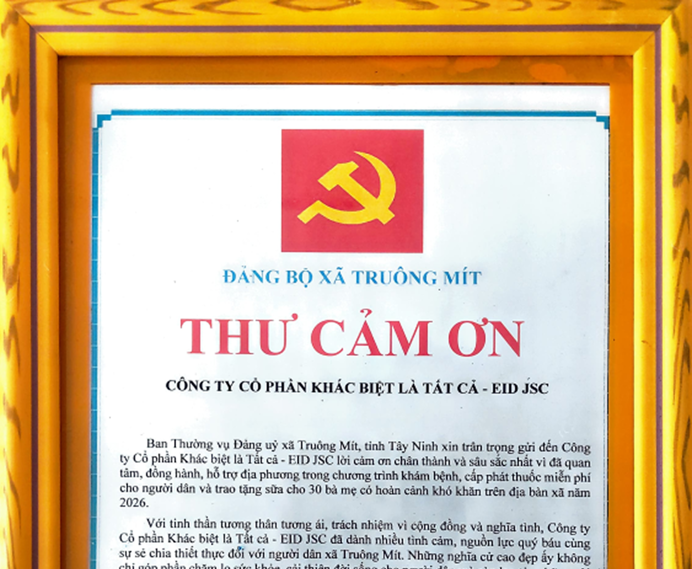 Tháng 06/2026, Thư cảm ơn của ĐẢNG UỶ XÃ TRUÔNG MÍT- TÂY NINH